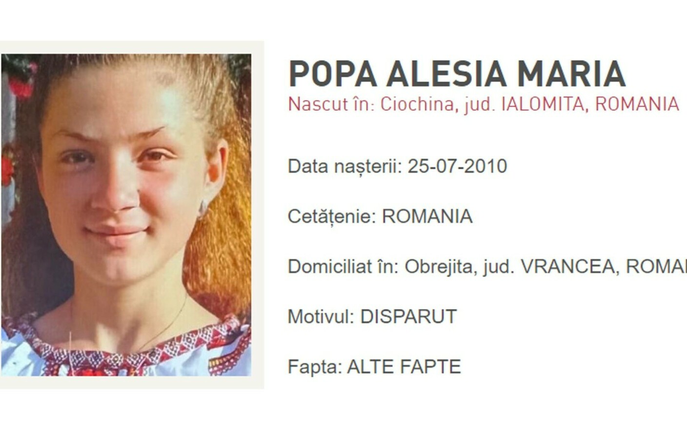 Adolescentă de 13 ani din Vrancea dată dispărută după ce a plecat de