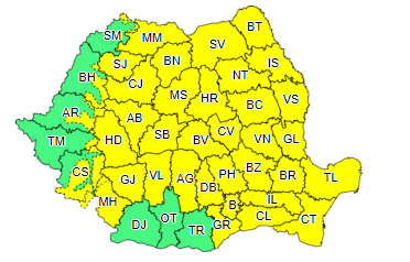 harta cod galben si verde emisa de meteorologi