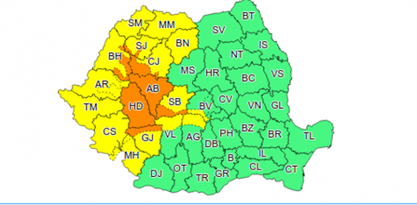 Cod portocaliu de ploi toentiale in 7 judete