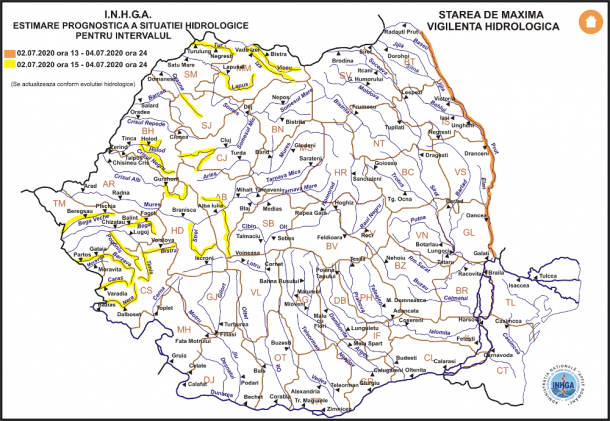 Cod galben de inundaţii pe râuri din Transilvania şi Banat şi cod portocaliu pe Prut