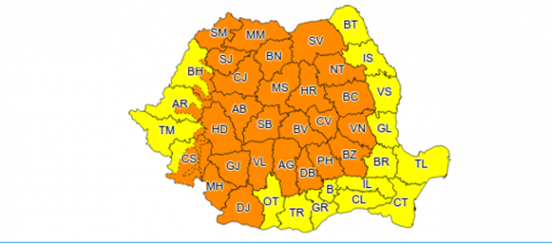 Cod portocaliu de ploi abundente, instabilitate atmosferică accentuată, sâmbătă și duminică. Este vizată aproape toată țara