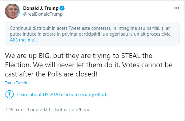 Mesajul postat de Donald Trump pe Twitter, în această dimineață. A fost marcat drept conținut potențial înșelător