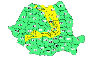 Harta cod galben in zone din Carpații Orientali și Carpații Meridionali